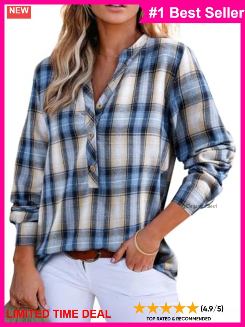 V Neck Plaid Flannel Shirt Long Sleeve Button Down Curved Hem Regular Fit